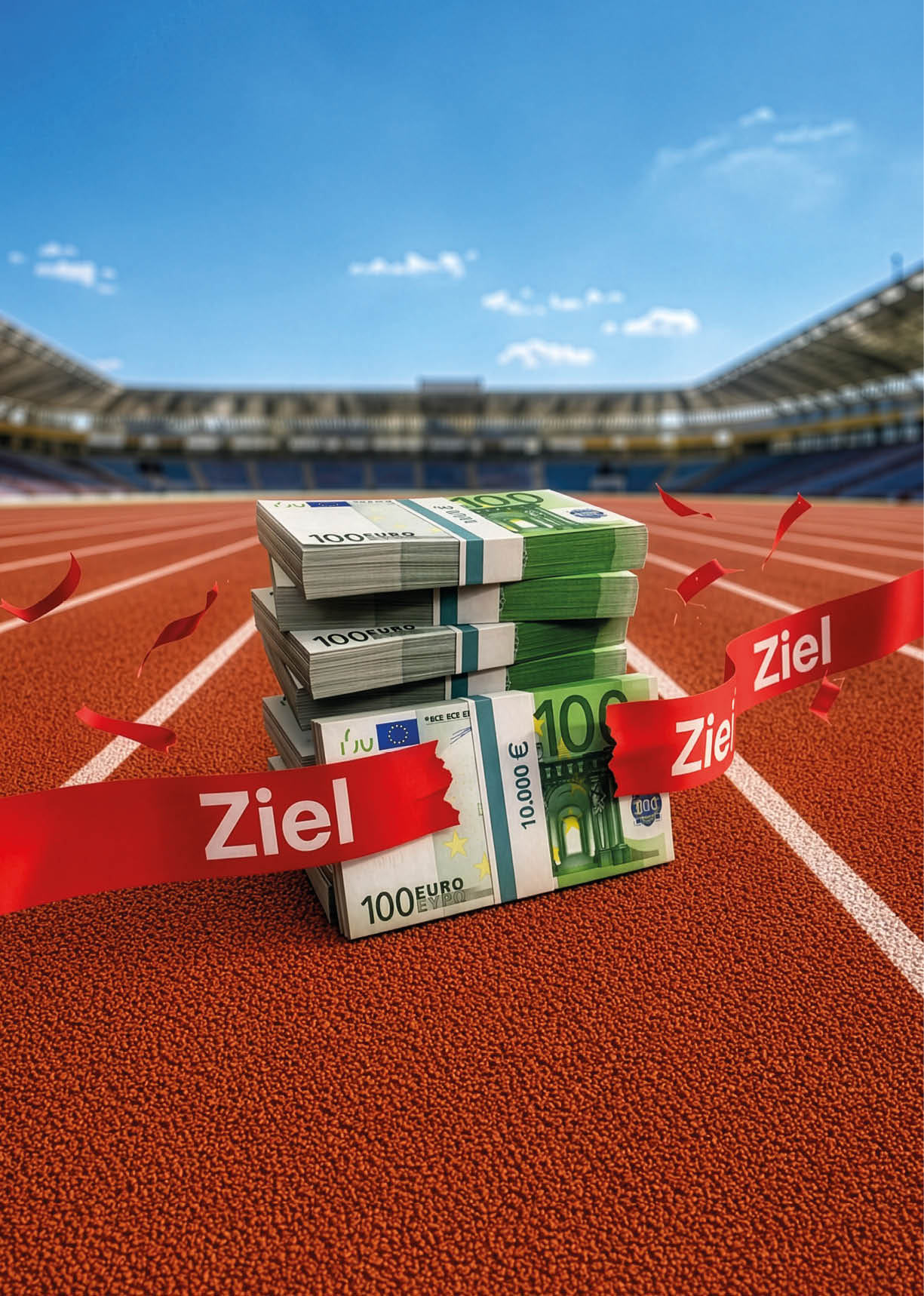 Auf einer Laufbahn im Stadion liegt ein Stapel Geldscheine, der ein rotes Band mit dem Wort Ziel durchbricht. Beschreibung von KI generiert