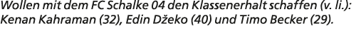 Wollen mit dem FC Schalke 04 den Klassenerhalt schaffen (v. li.): Kenan Kahraman (32), Edin D eko (40) und Timo Becke...