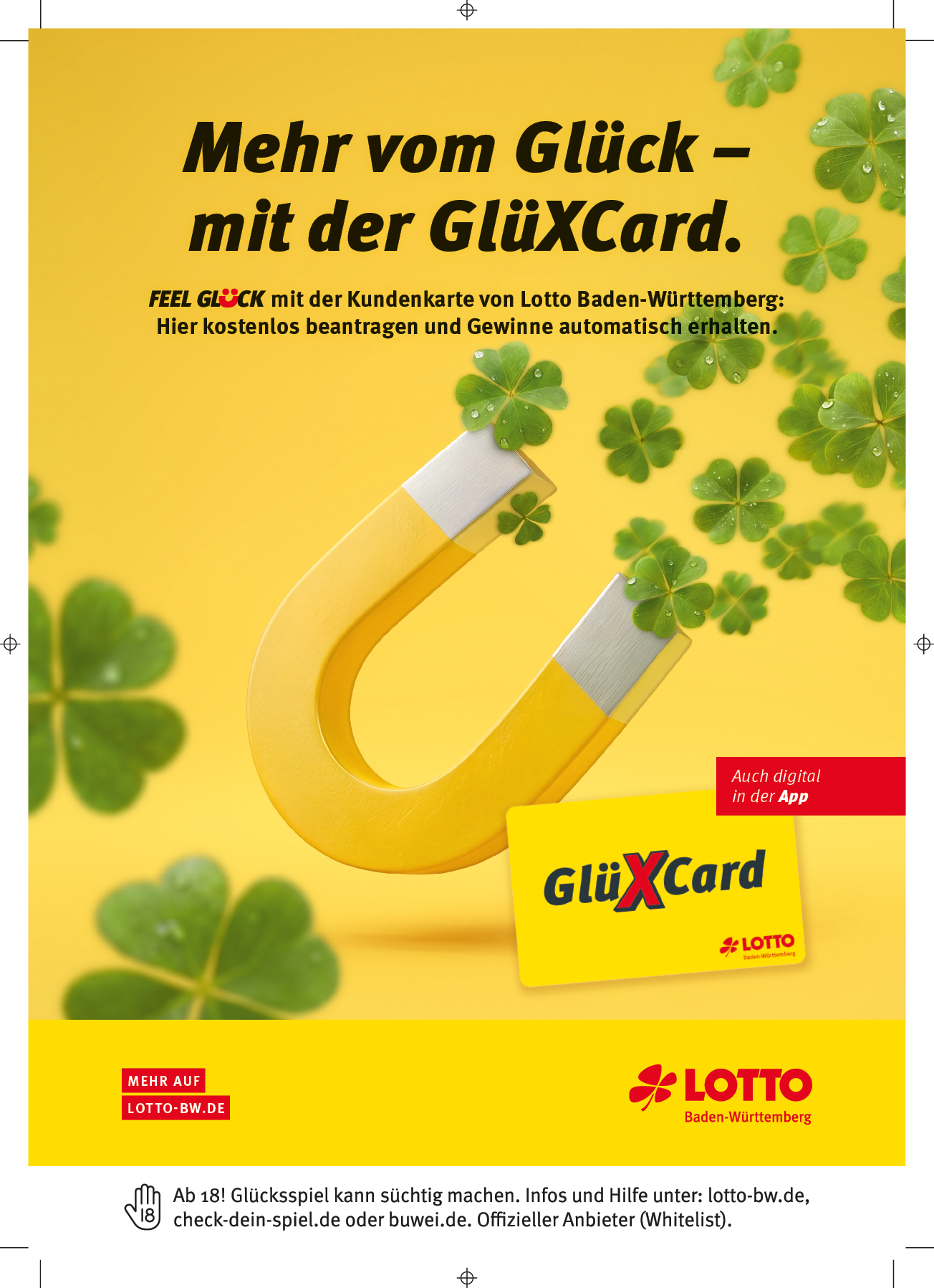 Werbung f r die Gl XCard von Lotto Baden-W rttemberg mit einem gro en gelben Magneten und vierbl ttrigen Kleebl ttern auf gelbem Hintergrund. Beschreibung von KI generiert