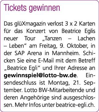 Tickets gewinnen Das gl Xmagazin verlost 3 x 2 Karten f r das Konzert von Beatrice Eglis neuer Tour „Tanzen – Lachen ...