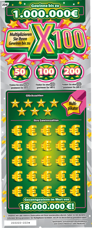 Ein bunt gestaltetes Gewinnspiel mit der Chance auf bis zu eine Million Euro und einem Multiplikator von bis zu 100, dargestellt mit Euro-Symbolen und Sternen auf gr nem Hintergrund. Beschreibung von KI generiert